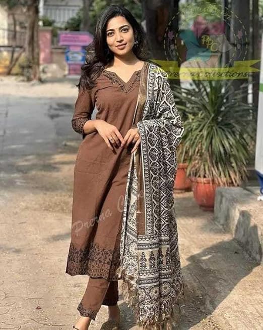 Women's Brown Printed Cotton Blend V-Neck Kurta & Palazzo Set - Image 2
