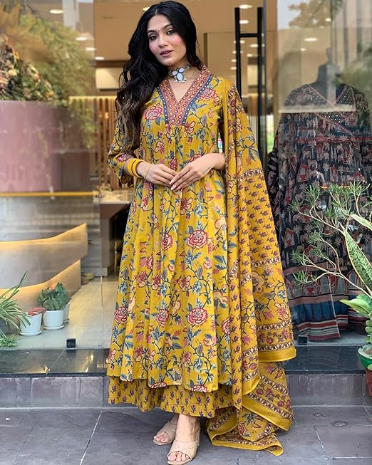 Women's Yellow Floral Rayon V-Neck 3-Piece Anarkali Suit Set - Image 2