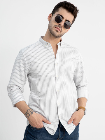 Men's Slim Fit Vertical Stripe Cotton Shirt – White - Image 3