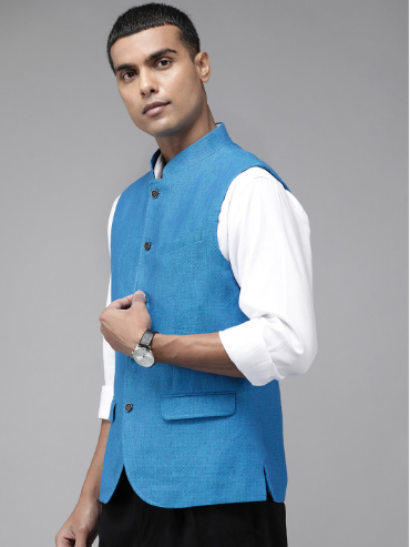 Men's Slim Fit Pure Linen Nehru Jacket – Blue Woven - Image 2