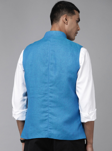 Men's Slim Fit Pure Linen Nehru Jacket – Blue Woven - Image 3