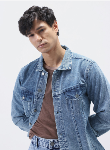 Men's Washed Blue Cotton Denim Jacket – Classic Fit - Image 2