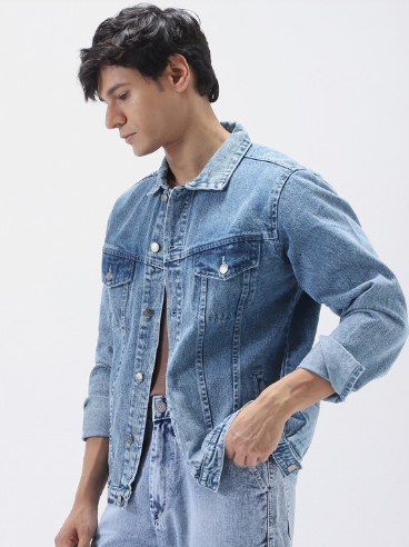 Men's Washed Blue Cotton Denim Jacket – Classic Fit - Image 3