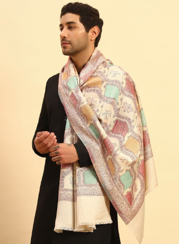 Premium Geometric Woven Woollen Shawl – Cream & Multi - Image 2