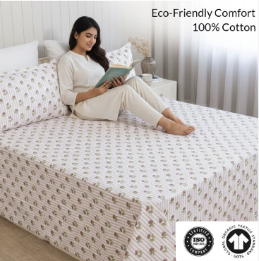 3-Piece Fine Floral Queen Flat Bedsheet Set (210 TC) – White - Image 2