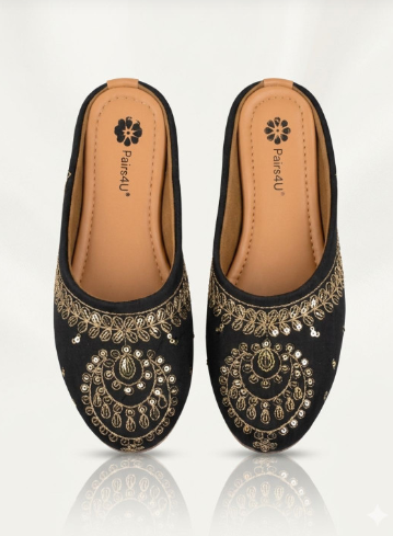 Women's Black Sequinned Canvas Slip-On Mojaris - Image 2