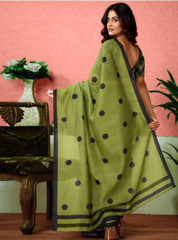 Green & Black Polka Dot Tussar-Finish Cotton Blend Saree - Image 2