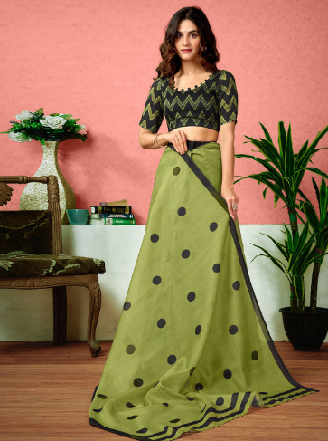Green & Black Polka Dot Tussar-Finish Cotton Blend Saree - Image 3