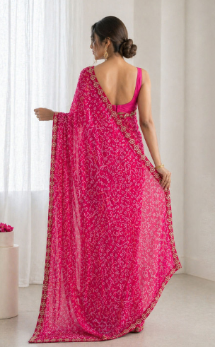 Pink Sequinned Bandhani Poly Georgette Saree - Image 2